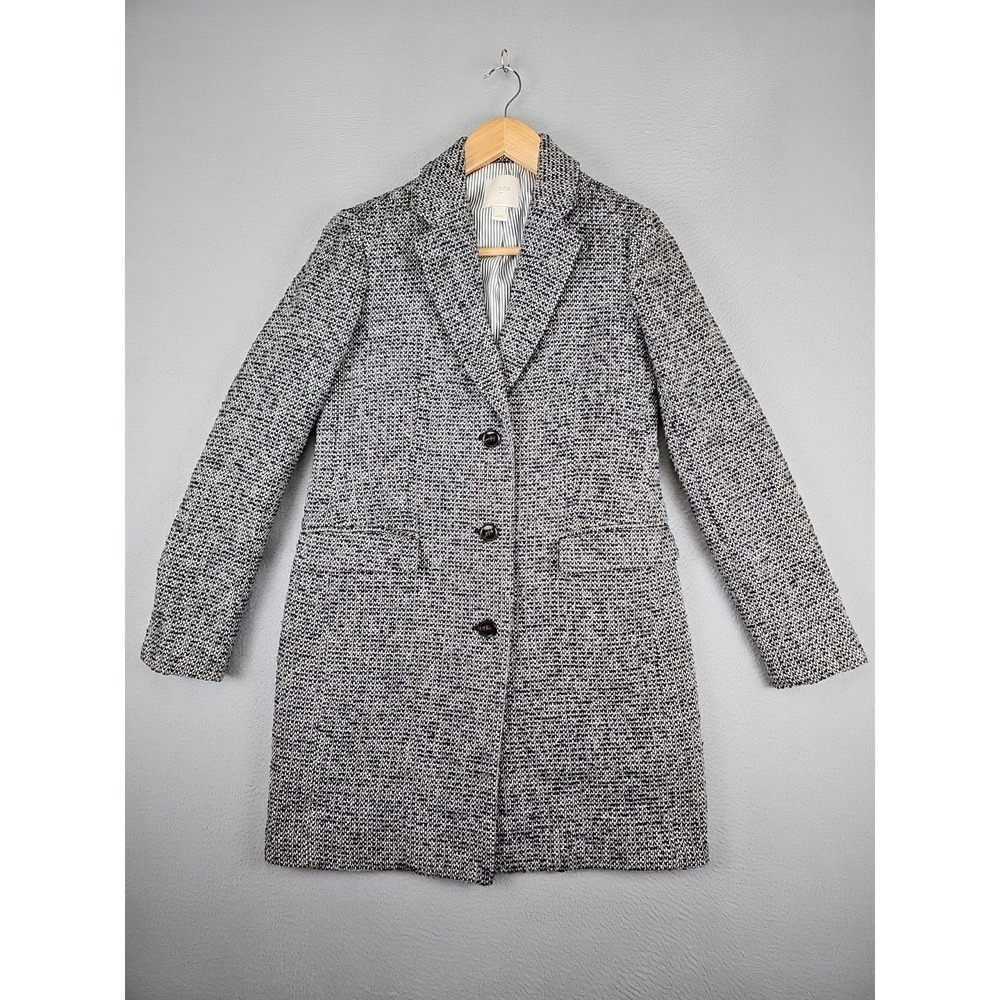 J Crew Longline Tweed Topcoat Jacket Women's Size 0 Grey Black Wool Blend H1493
